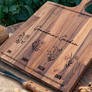 Mother's Day Gifts, Birth Flower Gifts for Mom, Mom Gifts from Daughter, Personalized Cutting Board, Grandmas Garden with Grandkids Names