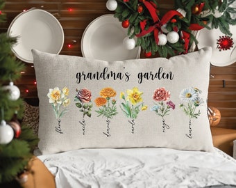 Regalo per la festa della mamma, regalo per Natale, cuscino da giardino personalizzato della nonna, cuscino personalizzato con fiore di nascita, cuscino con nome dei nipoti, giardino di Nanas