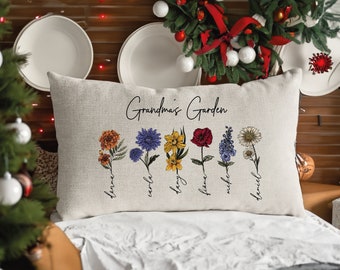Regalo per la festa della mamma, cuscino da giardino personalizzato della nonna, cuscino personalizzato con fiori di nascita, cuscino della nonna, regalo per la nonna, cuscino della nonna, nome dei nipoti