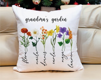 Regalo per la festa della mamma, cuscino da giardino personalizzato della nonna, cuscino con fiore di nascita dell'acquerello, cuscino personalizzato, federa personalizzata, cuscino della nonna
