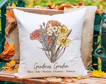 Grandma Mothers Day, Custom Grandma's Garden Pillow, Pillow, Personalized Birth Flower Birth Month Pillow Cover, Custom Pillow Cover