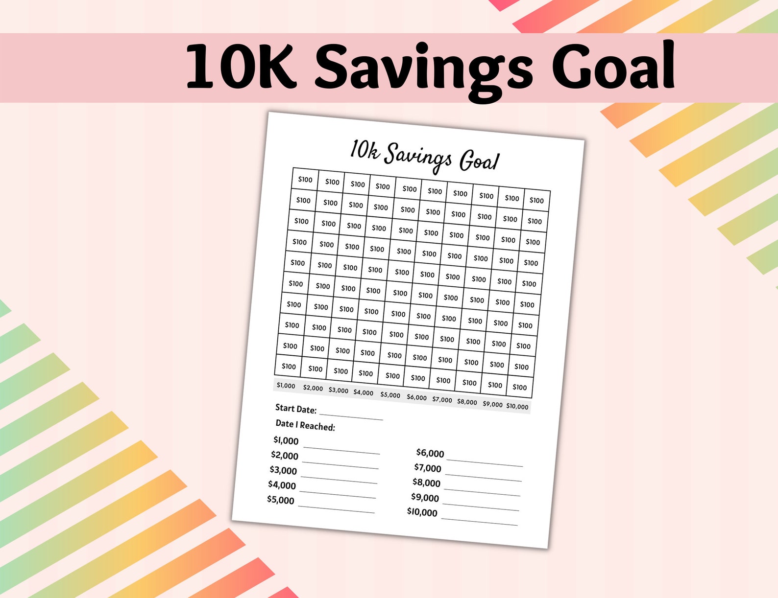 Printable Savings Goal Tracker Savings Checklist 10K 5K Saving Goal ...