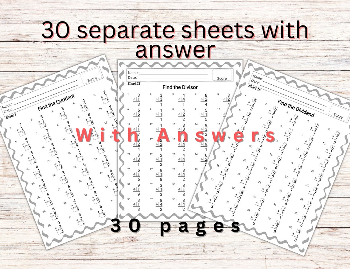 30 Single-digit Division Math Worksheet - Find the Quotient, Divisor ...