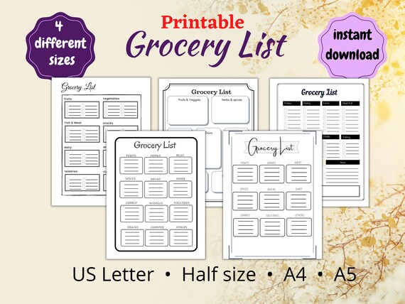Printable Downloadable Grocery List Template Shopping - Etsy