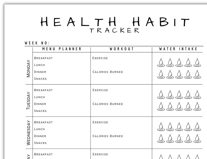 Printable Health Habit Tracker, Meal Planner, Workout and Water Intake ...