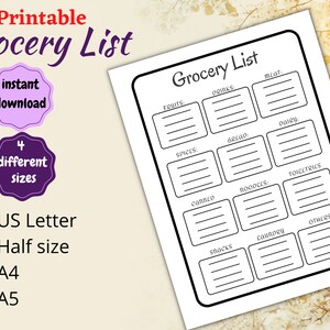 Printable Downloadable Grocery List Template - Shopping Management ...