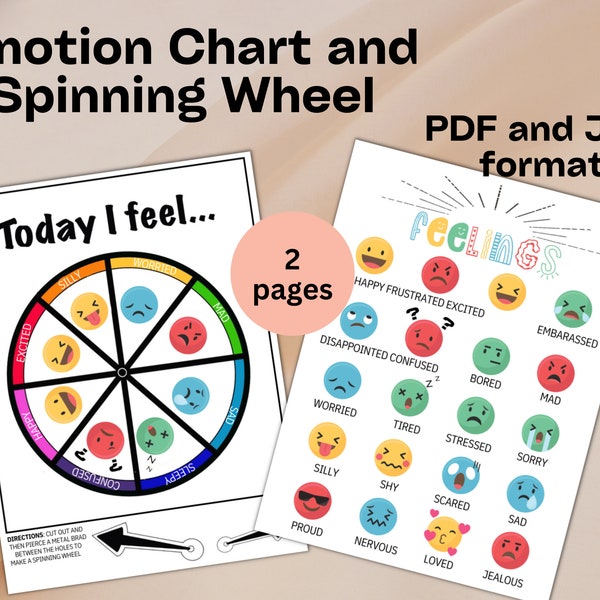 DIY Feelings Spinning Wheel Emotion Wheel and Emotion chart Bundle - Letter Size PDF and JPG format Instant Download - Printable