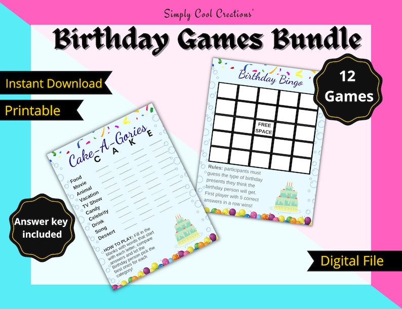 12 Birthday Party Printable Games Bingo Cake a Gories I #39 ve Never