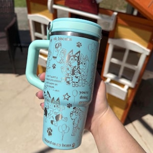 Custom Engraved Kids Tumbler, Bluey Bingo, 20oz with handle, Engraved tumbler, Spill proof cup, Cartoon dog, Bluey gift for boys and girls
