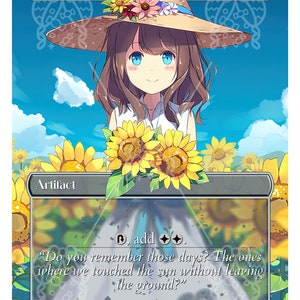 May include: A fantasy trading card with an illustration of a young woman with brown hair and blue eyes wearing a straw hat and holding sunflowers. The card is titled "Sol Ring" and has a mana cost of 1. The text on the card reads: "Artifact, , add . "Do you remember those days? The ones where we touched the sun without leaving the ground?"  CONFETTI CARDS Not for sanctioned play ▶アシマ