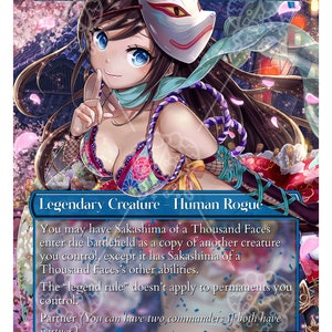 May include: A fantasy art card featuring a woman with blue eyes and long brown hair, wearing a fox mask. The card is labeled "Sakashima and Faces" and includes text about a legendary creature. The card has a blue border and a 3/1 power/toughness.