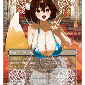Puede incluir: Una carta personalizada con un personaje con orejas y cola de zorro, que lleva un bikini azul. La carta tiene el texto "Light-Paws, Emperor's Voice" y "Legendary Creature". La carta está marcada como "Not for sanctioned play".