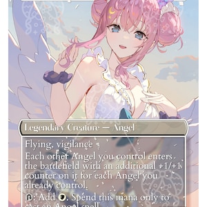 May include: A collectible card with an anime-style illustration of Giada, Font of Hope. The card has a white border and text detailing the character's abilities. The artwork shows a woman with pink hair and angel wings, with the text "Legendary Creature - Angel".