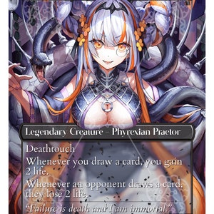 May include: A fantasy trading card featuring a female creature with white hair, orange and black clothing, and a snake wrapped around her. The card is titled "Sheoldred, the Apocalypse" and has a power and toughness of 4/5. The card text reads "Deathtouch. Whenever you draw a card, you gain 2 life. Whenever an opponent draws a card, they lose 2 life. "Failure is death and I am immortal."