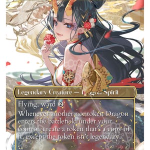 May include: A fantasy card featuring a female dragon spirit named Miirym. The card has a gold border and includes text such as "Legendary Creature - Dragon Spirit" and "Flying, ward 2". The artwork depicts a woman with dragon horns and long black hair.