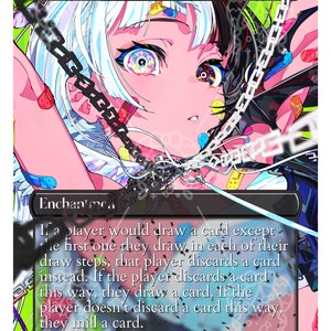 Puede incluir: Una carta de juego de fantasía con una ilustración colorida de una joven con cabello blanco y piel rosada. La carta se titula "Chains of Mephistopheles" y tiene un coste de maná de 1. El texto de la carta dice: "Si un jugador fuera a robar una carta, excepto la primera que roba en cada uno de sus pasos de robo, ese jugador descarta una carta en su lugar. Si el jugador descarta una carta de esta manera, roba una carta. Si el jugador no descarta una carta de esta manera, roba una carta de la cima de su biblioteca."