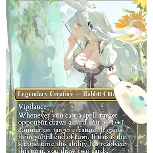 May include: A Magic: The Gathering proxy card featuring a female character with long white hair and bunny ears. The card has text that reads "Ms. Bumblef", "Legendary Creature - Rabbit Citizen", and "Confetti Cards". The card is numbered 1/5.