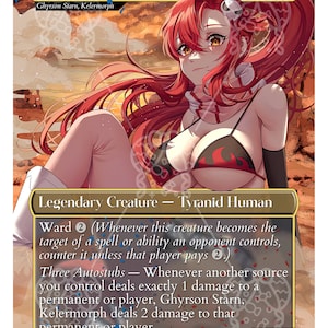 Puede incluir: Una carta de juego de fantasía con una mujer de pelo rojo sobre un fondo de fuego. La carta se titula "Yoko, Tiradora de Élite" y tiene un nivel de poder de 3/2. El texto de la carta dice: "Guardia 2 (Siempre que esta criatura se convierta en el objetivo de un hechizo o habilidad que controla un oponente, contrarresta a menos que ese jugador pague 2.) Tres Autostubs - Siempre que otra fuente que controlas inflija exactamente 1 daño a un permanente o jugador, Ghyrson Starn, Kelermorph inflige 2 daños a ese permanente o jugador."