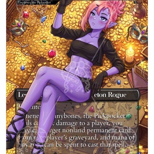 May include: A fantasy art card featuring a purple-skinned character named Monica, the Pickpocket, holding a red gem. The card is set against a backdrop of gold coins and treasure. The card text includes "Tinybones, the Pickpocket" and "Skeleton Rogue".