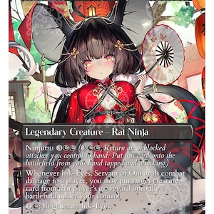 May include: Ink Eyes, Servant of Oni is a 5/4 legendary creature card with a ninjutsu ability. The card features an illustration of a young woman with black hair and red eyes, wearing a red and white kimono and holding a fan. The card is from the Confetti Cards set and is not for sanctioned play.