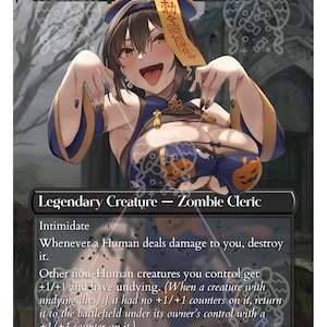 Puede incluir: Una carta proxy personalizada para Magic: The Gathering, con una ilustración estilizada de un personaje femenino. La carta se titula "Mikaeus, the Unhallowed" e incluye texto del juego y una fuerza/resistencia de 5/5.