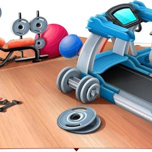 Könnte beinhalten: Illustration eines Home-Gyms. Es zeigt ein blau-graues Laufband, ein stationäres Fahrrad, eine Hantelbank mit Langhantel, Kurzhanteln, Kettlebells und eine rote Yogamatte. Ein rosa und blauer Gymnastikball ist ebenfalls vorhanden.