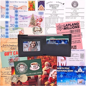 May include: A black leather wallet with a clear ID window, filled with cards and currency. The wallet is surrounded by Christmas-themed items, including a Starbucks gift card, lottery tickets, and Santa Claus imagery.