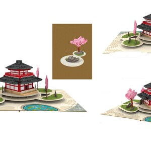 May include: A pop-up card depicting a Japanese pagoda with a red and black roof, set in a zen garden with pink cherry blossom trees and a small pond. A smaller card shows a cherry blossom tree.