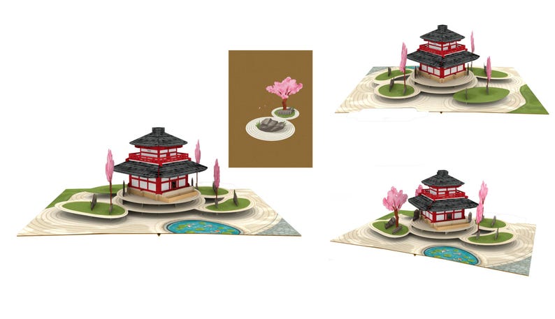 May include: A pop-up card depicting a Japanese pagoda with a red and black roof, set in a zen garden with pink cherry blossom trees and a small pond. A smaller card shows a cherry blossom tree.