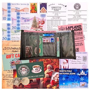 Bewijskit voor Santa's Lost-portemonnee – kerstavondset incl. portemonnee, sleelicentie, Noordpoolgeld, bankpas, bonnen, klantenkaarten en meer