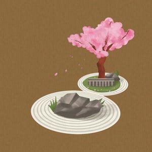 May include: An illustration depicting a Japanese zen garden. It features a pink cherry blossom tree, gray rocks, and a small stone bridge. The scene is set on two white circular platforms with concentric lines, against a brown background.