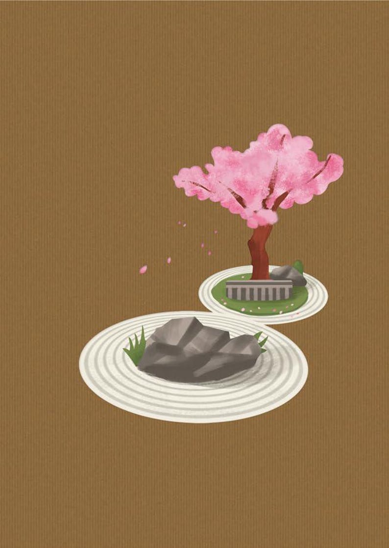 May include: An illustration depicting a Japanese zen garden. It features a pink cherry blossom tree, gray rocks, and a small stone bridge. The scene is set on two white circular platforms with concentric lines, against a brown background.