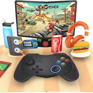 Puede incluir: Una pantalla emergente con temática de juegos que presenta una pantalla de videojuego, un controlador, auriculares y una hamburguesa. Otros elementos incluyen una botella de agua, una lata de refresco, un altavoz y una consola de juegos portátil. La pantalla muestra una escena de guerra.