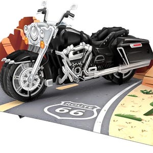3D Motorrad Abenteuer Pop-Up Karte – Cruiser auf der Route 66 vor einer malerischen Bergkulisse – Perfekt für Biker & Roadtrip-Enthusiasten
