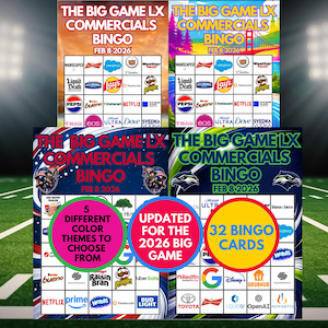 Bingo de anuncios de Super Big Game - Juego de anuncios del Bowl 2026 - Bingo para ver partidos de fútbol americano - Juego de anuncios LX - Descarga instantánea para todas las edades