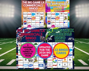 Super Big Game Commercials Bingo - Gra z reklamami z 2026 Bowl - Football Watch Party Bingo - Gra LX Commercials - Natychmiastowe pobranie dla wszystkich grup wiekowych