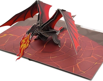 Tarjeta desplegable 3D con diseño de dragón, regalo de fantasía, dragón de fuego, recuerdo de cumpleaños.