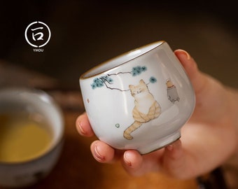 Tasses maitre du thé 120ml en porcelaine et fait main avec design d'artiste en collection mes chats