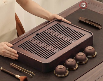 Bamboo tea tray with large water reserve and handmade