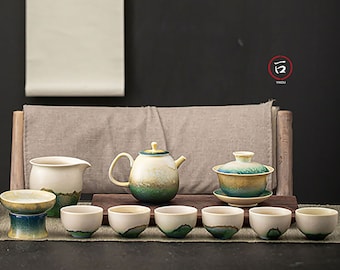 Set teiera Gongfu con 6 tazze in porcellana e realizzato artigianalmente con design effetto forno naturale