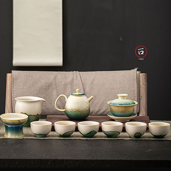 Ensemble théière Gongfu avec 6 tasse en porcelaine et fait main artisanal avec design effet de four naturel