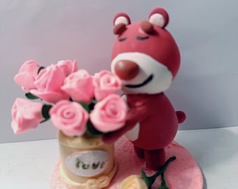 Lovely bear hold roses , handmade clay roses , clay bear , home ornament