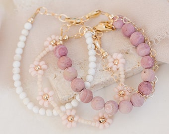 Pink Bracelet Bundle- Four Stacking Bracelets- Flower Bracelet- Gold Chain Bracelet- Birthday Gifts for Girls- Unique Gifts for Toddlers