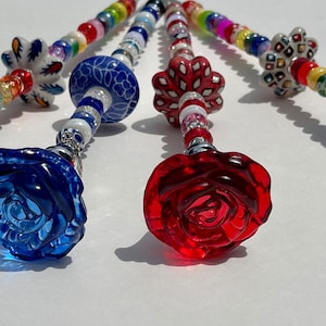 Jeweled large rose garden stake, plant stick, rose themed fairy garden stake, beaded plant stake