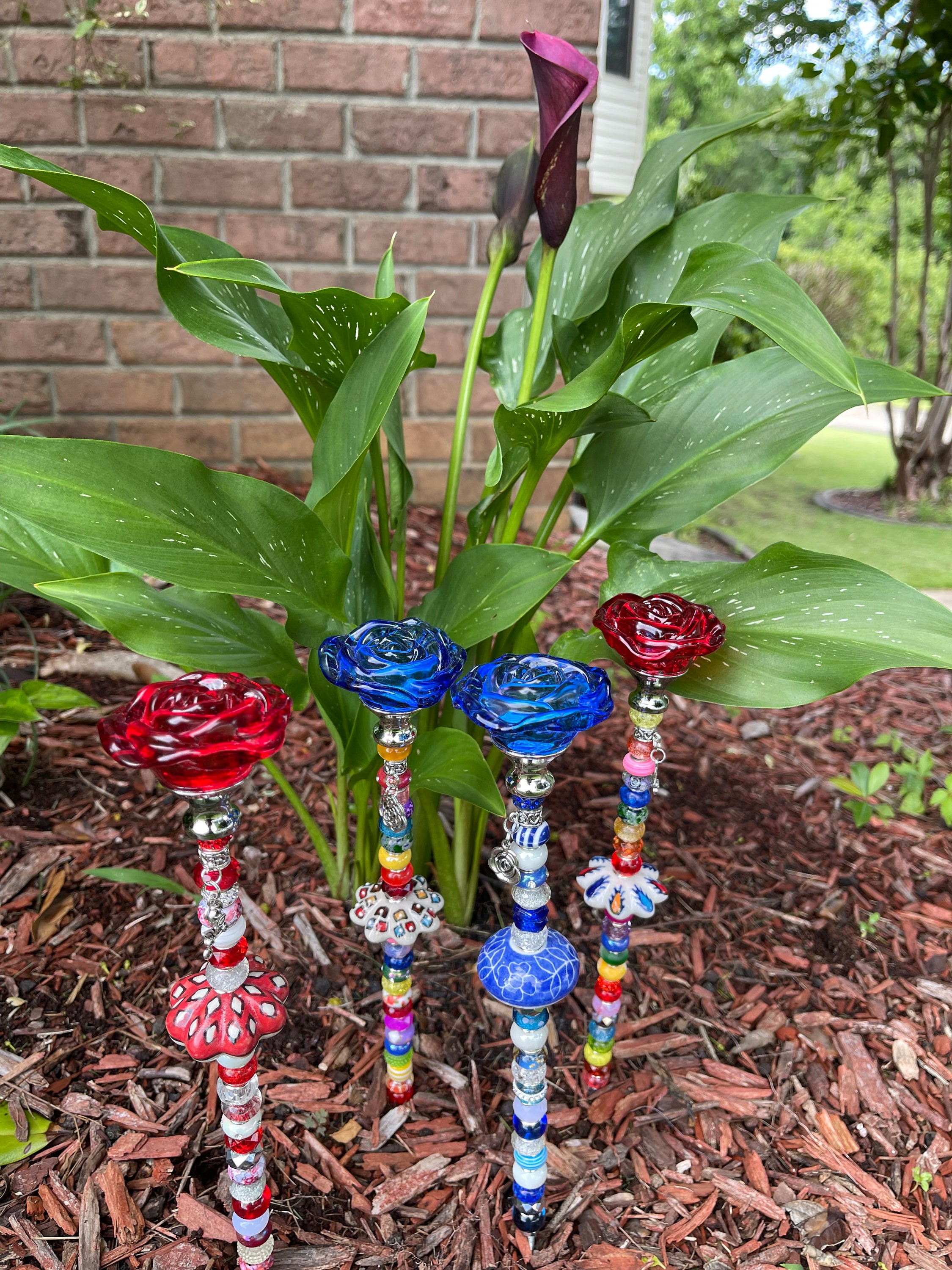 Glass Rose Garden Stake, Beaded Plant Stick, Rose Charm - Etsy