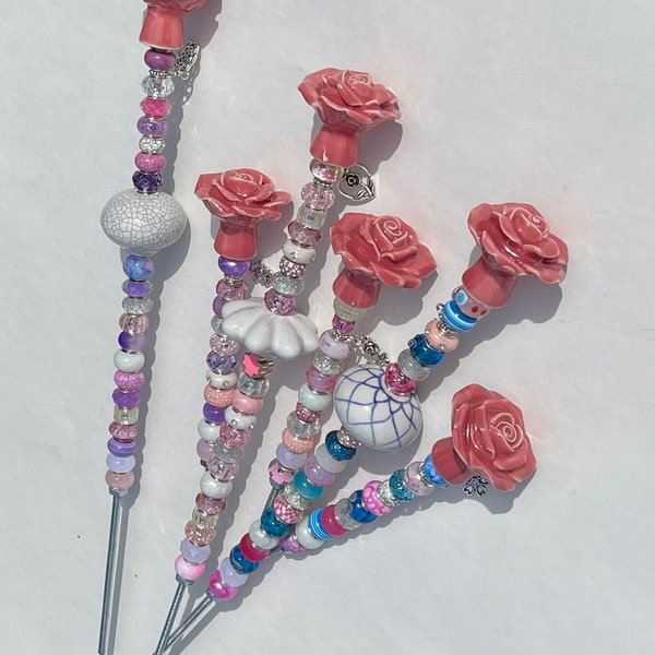 Pink rose plant stake, garden stake, fairy garden plant stick, jeweled garden stake, garden row marker