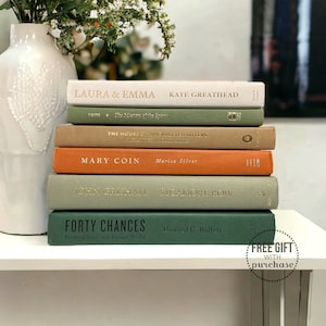 Aesthetic Book Set in Green, Orange & Beige, Real Hardcover Books for Home Decorating, Office Shelf Decor for Bookcase, Transitional Decor