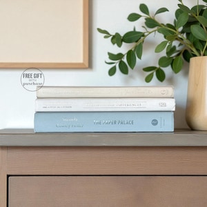 May include: A stack of three hardcover books in neutral tones. The top book is off-white, the middle book is white, and the bottom book is light blue. The bottom book reads "Miranda" and "THE PAPER PALACE". A wooden vase with greenery is to the right.