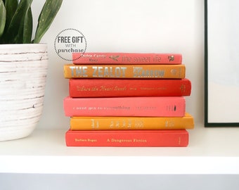 Orange Coral & Red Home Decor Books - Colorful Shelf Decor Objects - Modern Boho Coral Decor for Home - Bohemian Decor, Table Top Decorating