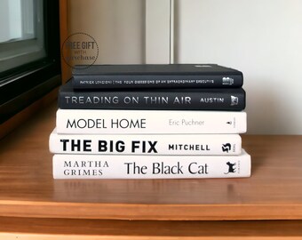 May include: A stack of five books with white covers and black titles. The top book is black with white text. The titles are "The Four Obsessions of an Extraordinary Executive", "Treading on Thin Air", "Model Home", "The Big Fix", and "The Black Cat".